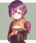  1girl bernadetta_von_varley closed_mouth earrings fire_emblem fire_emblem:_three_houses gloves grey_eyes hair_ornament jewelry long_sleeves purea purple_hair simple_background solo upper_body yellow_gloves 