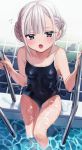  1girl bangs black_eyes black_swimsuit blush braid breasts chigusa_minori commentary_request covered_navel eyelashes from_above grey_hair highres holding looking_at_viewer looking_up open_mouth original pool pool_ladder poolside school_swimsuit sitting solo swimsuit thighs tile_floor tiles tongue water wet 