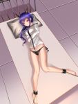 1girl absurdres ankle_cuffs arknights barefoot bdsm bed ch&#039;en_(arknights) commentary_request full_body highres horns long_hair looking_at_viewer lying panties pillow purple_hair red_eyes restrained side-tie_panties solo straitjacket underwear zhadanzhawugui 