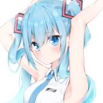  1girl armpits bangs bare_arms bare_shoulders blue_eyes blue_hair blue_neckwear blush breasts closed_mouth collared_shirt eyebrows_visible_through_hair hair_between_eyes hair_ornament hatsune_miku highres hijouguti long_hair looking_at_viewer medium_breasts necktie shirt solo twintails upper_body vocaloid white_shirt 