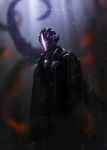  1boy black_coat blurry blurry_background bondrewd coat commentary copyright_name cowboy_shot glowing helmet made_in_abyss otsumami_(bu-bu-heaven) solo standing tentacles 