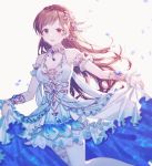 1girl armlet bangs blue_dress braid brown_hair dress earrings eyebrows_visible_through_hair flower frilled_dress frills gocoli hair_flower hair_ornament highres holding_dress idolmaster idolmaster_cinderella_girls idolmaster_cinderella_girls_starlight_stage jewelry long_hair looking_at_viewer necklace nitta_minami open_mouth petals red_eyes simple_background solo swept_bangs white_background