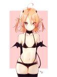 1girl :&lt; ahoge arms_behind_back bare_shoulders bikini black_bikini black_choker black_gloves black_legwear black_shorts black_wings blonde_hair breasts choker closed_mouth collarbone cowboy_shot demon_girl demon_wings elbow_gloves gloves hair_between_eyes highres honotai jewelry medium_hair micro_bikini micro_shorts navel original pendant pink_background pointy_ears shorts small_breasts solo stomach swimsuit tail thigh-highs thigh_gap two-tone_background two_side_up violet_eyes white_background wings 
