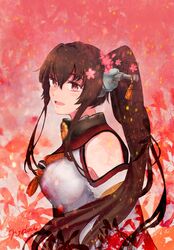  1girl artist_name brown_hair cherry_blossoms commentary_request detached_sleeves flower hair_flower hair_ornament highres kantai_collection kikumon long_hair looking_at_viewer nidou ponytail red_background red_eyes sleeveless smile solo upper_body yamato_(kantai_collection) z_flag 