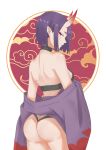  1girl absurdres ass back bangs bare_shoulders barefoot_sandals bob_cut breasts closed_mouth eyeliner fate/grand_order fate_(series) highres horns japanese_clothes kimono long_sleeves looking_at_viewer looking_back makeup off_shoulder oni oni_horns purple_hair purple_kimono revealing_clothes short_hair short_kimono shuten_douji_(fate/grand_order) skin-covered_horns small_breasts smile violet_eyes wide_sleeves zuixin 