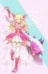  1girl ;d aikatsu! aikatsu!_(series) alternate_costume alternate_headwear arm_up axe blonde_hair boots clenched_hand copyright_name cross-laced_clothes crossover flower frills full_body gloves headdress high_collar holding holding_axe holding_weapon hoshimiya_ichigo lace_trim long_hair looking_at_viewer monster_hunter nishihara_isao one_eye_closed open_mouth pink_flower puffy_short_sleeves puffy_sleeves red_eyes short_sleeves smile solo thigh-highs wavy_hair weapon 