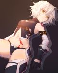  1girl bandaged_arm bandages bangs bare_shoulders black_gloves black_legwear black_panties black_shirt blood breasts commentary dark_background eyebrows_visible_through_hair fate/grand_order fate_(series) frown gloves green_eyes highres jack_the_ripper_(fate/apocrypha) jesse_(pixiv34586727) looking_at_viewer navel panties scar shirt short_hair silver_hair simple_background sleeveless sleeveless_shirt small_breasts solo tattoo thigh-highs underwear 