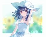  1girl bangs blue_hair blurry blurry_background bow collarbone dress eyebrows_visible_through_hair frilled_dress frills gocoli hand_on_headwear hat hat_bow highres idolmaster idolmaster_shiny_colors medium_hair morino_rinze parted_lips red_eyes short_sleeves solo sun_hat white_dress white_headwear 