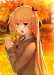  1girl absurdres autumn bangs blonde_hair bow brown_coat christiane_friedrich coat eyebrows_visible_through_hair food hair_between_eyes hair_bow highres holding holding_food hood hood_down hooded_coat ikki_(tue_sein_bestes) long_hair long_sleeves maji_de_watashi_ni_koi_shinasai! mole mole_under_eye open_mouth outdoors red_bow shiny shiny_hair solo twintails upper_body very_long_hair violet_eyes 