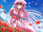  1girl arm_up blue_bow blue_ribbon blue_sky bow bowtie closed_eyes clouds commentary_request crescent crescent_moon_pin dress eyebrows_visible_through_hair flower garden hair_bow hat hat_ribbon long_hair mob_cap mountainous_horizon patchouli_knowledge petals pink_dress purple_hair ram_hachimin red_bow red_neckwear red_ribbon ribbon rose rose_petals sky smile solo striped striped_dress touhou very_long_hair wide_sleeves 