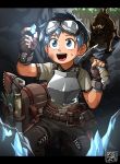  1boy animal blue_eyes blue_hair cave cave_interior child gem googles highres kaminosaki1 mining open_eyes open_mouth original pickaxe teeth 