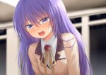  1girl alternate_costume angel_beats! blazer blurry commentary_request depth_of_field indoors irie_(angel_beats!) jacket leaning_forward long_hair nakamura_hinato neck_ribbon open_mouth purple_hair ribbon school_uniform solo tears violet_eyes 