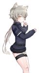  1girl bandaid bandaid_on_knee bandaid_on_nose bangs black_jacket blush brown_eyes closed_mouth commentary_request dokomon eyebrows_visible_through_hair fur-trimmed_jacket fur_trim girls_frontline grey_hair hair_between_eyes hands_up highres hs2000_(girls_frontline) jacket korean_commentary long_hair long_sleeves looking_at_viewer low_ponytail ponytail simple_background skindentation sleeves_past_wrists solo thigh_strap very_long_hair white_background 