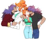  1boy 1girl aqua_eyes black_shirt coat dande_(pokemon) dark_skin dark_skinned_male dededsw_123 eyewear_on_head facial_hair green_shirt hair_ornament heart heart_hair_ornament kiss labcoat long_hair midriff orange_hair pokemon pokemon_(game) pokemon_swsh purple_hair ribbed_shirt shirt side_ponytail sonia_(pokemon) white_background white_coat 