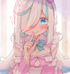  1girl aqua_eyes aqua_hair aqua_ribbon arm_up artist_request bangs blurry blush bokeh breasts character_request depth_of_field detached_sleeves dress finger_to_mouth frilled_dress frills hair_over_one_eye ilu_fluor indoors leaning_forward long_hair looking_at_viewer multicolored_hair original pink_dress pink_theme ribbon shushing sitting sleeveless sleeveless_dress smile solo streaked_hair sunlight tagme two-tone_hair very_long_hair white_hair 