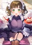  1girl apron bangs black_legwear blush breasts brown_hair cake commentary_request day food fork fruit garter_belt garter_straps green_eyes highres holding holding_fork holding_plate indoors large_breasts long_hair looking_at_viewer maid maid_apron maid_dress maid_headdress original pillow plate ringozaka_mariko short_hair signature sitting smile solo strawberry thigh-highs two_side_up white_apron window 