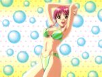  1990s_(style) 1girl arm_grab armpits arms_up bikini breasts covered_nipples cowboy_shot looking_at_viewer medium_breasts navel official_art open_mouth pink_hair polka_dot polka_dot_background red_eyes short_hair solo striped striped_bikini swimsuit upper_teeth yamada_masaki zenkoku_seifuku_bishoujo_grand_prix 