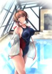  1girl bangs breasts brown_hair clothes_writing eyebrows_visible_through_hair gloves hassen_(8cm) headgear indoors jacket kantai_collection large_breasts long_sleeves mutsu_(kantai_collection) off_shoulder one-piece_swimsuit open_clothes open_jacket pool poolside rei_no_pool short_hair smile solo swimsuit white_gloves yellow_eyes 