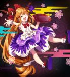  1girl alcohol bangs bobby_socks bow bowtie center_frills closed_eyes cup flower full_body hair_bow horn_ribbon horns ibuki_suika kyouda_suzuka long_hair low-tied_long_hair oni_horns open_mouth orange_hair purple_skirt red_bow red_neckwear ribbon sakazuki sake shirt shoe_bow shoes skirt sleeveless sleeveless_shirt socks solo touhou upper_teeth very_long_hair white_shirt wrist_cuffs 