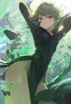  1girl arms_up backlighting black_dress breasts cowboy_shot dress green_eyes green_hair highres long_sleeves looking_at_viewer mossi no_panties one-punch_man pelvic_curtain short_hair small_breasts smug solo standing tatsumaki thighs 