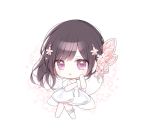  1girl :o bangs barefoot black_hair blush butterfly_hair_ornament chibi dress eyebrows_visible_through_hair fairy_wings floral_background flower hair_flower hair_ornament hands_up kimetsu_no_yaiba long_hair looking_at_viewer mattang parted_lips pink_flower puffy_short_sleeves puffy_sleeves short_sleeves solo tsuyuri_kanao violet_eyes white_background white_dress white_wings wings 