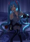  1girl apple aqua_eyes aqua_hair aqua_nails aqua_neckwear arm_support backlighting bare_shoulders black_legwear black_skirt black_sleeves blurry blurry_background blush bottle can collarbone commentary computer curtains detached_sleeves food fruit full_body grey_shirt hair_ornament half-closed_eyes hatsune_miku headphones headset highres holding_necktie indoors knees_together_feet_apart laptop leaning_forward light_particles long_hair looking_at_viewer miniskirt nail_polish necktie nokuhashi open_mouth pleated_skirt removing room shirt sitting sitting_on_table skirt sleeveless sleeveless_shirt smile solo table thigh-highs trash_can twintails very_long_hair vocaloid zettai_ryouiki 