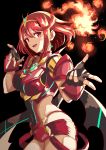  1girl bangs black_background blush breasts earrings fingerless_gloves fire gem gloves highres pyra_(xenoblade) jewelry large_breasts red_eyes red_shorts redhead short_hair short_shorts shorts simple_background solo swept_bangs thighs tiara upper_body xenoblade_(series) xenoblade_2 yuuuun0218 