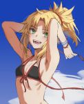  1girl arms_behind_head arms_up blonde_hair bracelet breasts check_commentary clouds commentary commentary_request fangs fate/grand_order fate_(series) green_eyes halter_top halterneck highres jewelry mordred_(fate)_(all) mordred_(swimsuit_rider)_(fate) open_mouth ponytail sky small_breasts solo tonee wardrobe_malfunction 