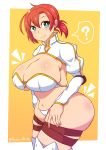  1girl ? ass blue_eyes boudica_(fate/grand_order) breasts commentary_request fate/grand_order fate_(series) huge_ass huge_breasts kyouran_souryuu looking_at_viewer navel redhead skindentation smile solo spoken_question_mark thigh-highs thigh_strap white_legwear yellow_background 