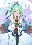  1girl alternate_costume azur_lane beret blush bug butterfly earrings green_hair hat hololive insect jewelry looking_at_viewer manjuu_(azur_lane) open_mouth sleeveless solo sparkle torpedo_tubes uruha_rushia virtual_youtuber yellow_eyes 