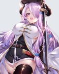  40_(0f0urw) absurdres black_gloves breasts demon_horns draph gloves granblue_fantasy hair_over_one_eye highres horns large_breasts lavender_hair low_tied_hair narmaya_(granblue_fantasy) pointy_ears shorts sword thigh-highs weapon 