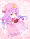  1girl blue_bow blue_ribbon bogyaku_no_m book bow cherry_blossoms chibi crescent crescent_hair_ornament dress eyebrows_visible_through_hair falling_petals frilled_dress frilled_sleeves frills hair_bow hair_ornament hat hat_ribbon long_hair mob_cap patchouli_knowledge purple_hair reading red_bow red_ribbon ribbon sitting striped striped_dress touhou violet_eyes 