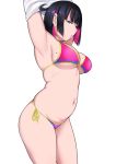  1girl armpits arms_up bikini black_hair blue_eyes breasts earrings eyeliner jewelry looking_at_viewer makeup miyamoto_issa mole mole_on_breast multicolored_hair navel original parted_lips pink_bikini purple_hair short_hair simple_background solo swimsuit two-tone_hair white_background 