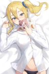  1girl black_panties blonde_hair blue_eyes blue_scrunchie blush book breasts collared_shirt commentary_request covering_mouth dress_shirt hair_between_eyes hair_ornament hair_scrunchie hayasaka_ai highres holding holding_book holding_manga kaguya-sama_wa_kokurasetai_~tensai-tachi_no_renai_zunousen~ long_sleeves lying manga_(object) medium_breasts navel on_back panties scrunchie seon_(seonon_) shirt side_ponytail sidelocks solo underwear white_shirt 