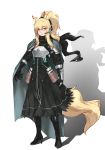  1girl animal_ear_fluff animal_ears arknights armor bangs black_footwear black_shirt black_skirt blonde_hair boots bracer breastplate cape chinese_commentary commentary_request eyebrows_visible_through_hair fanfanfanlove full_body grey_cape hair_between_eyes headphones headset high_heel_boots high_heels highres long_hair looking_at_viewer nearl_(arknights) parted_lips pauldrons ponytail shirt shoulder_armor simple_background skirt skirt_set solo standing tail white_background yellow_eyes 