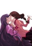  2girls braid brown_hair closed_eyes eyewear_removed glasses hanekawa_tsubasa highres holding_hands kiss long_braid long_hair long_sleeves monogatari_(series) multiple_girls naoetsu_high_school_uniform okkrslk pink_shirt pink_skirt puffy_long_sleeves puffy_sleeves purple_hair purple_skirt removing_eyewear school_uniform senjougahara_hitagi shirt simple_background skirt white_background yuri 