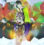  1girl aqua_hair black_hair boots bracelet hand_on_own_cheek jacket_on_shoulders jewelry leggings light_smile multicolored_hair nishihara_isao original puddle raincoat reflection rubber_boots short_hair smile solo spiked_bracelet spikes squatting two-tone_hair umbrella violet_eyes water 