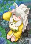  ^_^ absurdres animal_ears arm_rest arm_up boots closed_eyes day eyebrows_visible_through_hair flower from_above full_body grey_hair hair_between_eyes hand_rest highres holding holding_flower hydrangea kemono_friends komeiponkiti lion_ears long_hair long_sleeves open_mouth outdoors puddle rain raincoat rubber_boots smile water water_drop wet wet_clothes wet_face wet_hair white_lion_(kemono_friends) 