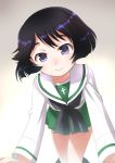  1girl all_fours artist_request black_hair black_neckwear blue_eyes blush breasts closed_mouth collarbone eyebrows_visible_through_hair girls_und_panzer gradient gradient_background green_skirt looking_at_viewer neckerchief ooarai_school_uniform school_uniform shiny shiny_hair short_hair simple_background skirt small_breasts smile solo utsugi_yuuki white_background 