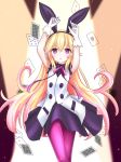  1girl ace_of_hearts animal_ears arms_up blonde_hair card commentary_request copyright_request dress empty_eyes expressionless eyebrows_visible_through_hair fake_animal_ears gloves hairband highres langley1000 long_hair playing_card ribbon solo thighs very_long_hair white_gloves 