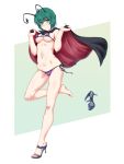 1girl antennae barefoot bikini black_cape breasts cape closed_mouth eyebrows_visible_through_hair full_body green_eyes green_hair looking_at_viewer medium_breasts ootsuki_wataru purple_bikini shoes shoes_removed short_hair side-tie_bikini smile solo standing standing_on_one_leg swimsuit touhou wriggle_nightbug 