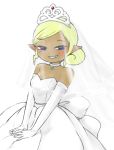  1girl blonde_hair bridal_veil choker dark_skin dress elbow_gloves gloves grin pointy_ears smile strapless strapless_dress tetra the_legend_of_zelda usushira veil wedding_dress 