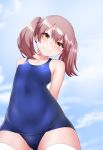  1girl arms_behind_back blue_sky blue_swimsuit brown_eyes brown_hair clouds commentary_request cowboy_shot from_below kantai_collection kirigakure_(kirigakure_tantei_jimusho) long_hair looking_at_viewer ryuujou_(kantai_collection) school_swimsuit sky solo standing swimsuit thigh-highs twintails white_legwear 