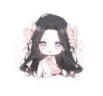  1girl :d bangs bare_shoulders black_hair blush butterfly_hair_ornament chibi dress eyebrows_visible_through_hair floral_background flower forehead hair_flower hair_ornament hand_up kimetsu_no_yaiba knees_together_feet_apart knees_up kochou_kanae long_hair mattang open_mouth parted_bangs pink_dress pink_flower pink_footwear shoes sitting sleeveless sleeveless_dress smile solo very_long_hair violet_eyes white_background 