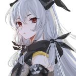  1girl arknights black_jacket chinese_commentary eyebrows_visible_through_hair eyelashes hair_between_eyes hair_ribbon jacket long_hair looking_at_viewer open_mouth red_eyes ribbon sidelocks silver_hair simple_background solo syuyu0220 upper_body weedy_(arknights) 
