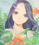  1girl barrette blue_eyes blue_hair blue_sky brs--wrs clouds colored_eyelashes eyebrows fern fish frilled_shirt_collar frills goldfish head_tilt highres light_smile lips long_hair looking_at_viewer original plant shirt sky solo traditional_media upper_body watercolor_(medium) white_shirt 