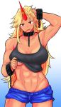  1girl abs absurdres arm_up belly biceps black_tank_top blonde_hair breasts chain collar commentary_request cuffs denim denim_shorts earrings facial_tattoo fang fugaku_(miko_no_miyatsuguchi) gradient gradient_background hand_in_hair highres horns hoshiguma_yuugi jewelry large_breasts long_hair looking_at_viewer midriff muscle muscular_female no_bra pointy_ears red_eyes shackles short_shorts shorts single_horn solo star_(symbol) star_tattoo tank_top tank_top_lift tattoo touhou under_boob 