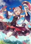  1girl armpits bare_shoulders beads blurry blurry_background blush breasts character_request clouds day detached_sleeves double_bun dress eyebrows_visible_through_hair fang grass grey_hair hair_beads hair_between_eyes hair_ornament holding holding_weapon jumping looking_at_viewer official_art one_eye_closed open_mouth outdoors sangokushi_taisen shugao sky slit_pupils small_breasts solo tongue twintails weapon yellow_eyes 