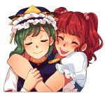  2girls blush closed_eyes green_hair highres hug multiple_girls nekolina onozuka_komachi redhead shiki_eiki smile touhou 