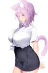  1girl alternate_breast_size animal_ear_fluff animal_ears arms_behind_back breasts cat_ears cat_tail commentary cowboy_shot highres hololive id_card karatakewari lanyard large_breasts light_smile looking_at_viewer nekomata_okayu purple_hair short_hair simple_background solo tail violet_eyes virtual_youtuber white_background 